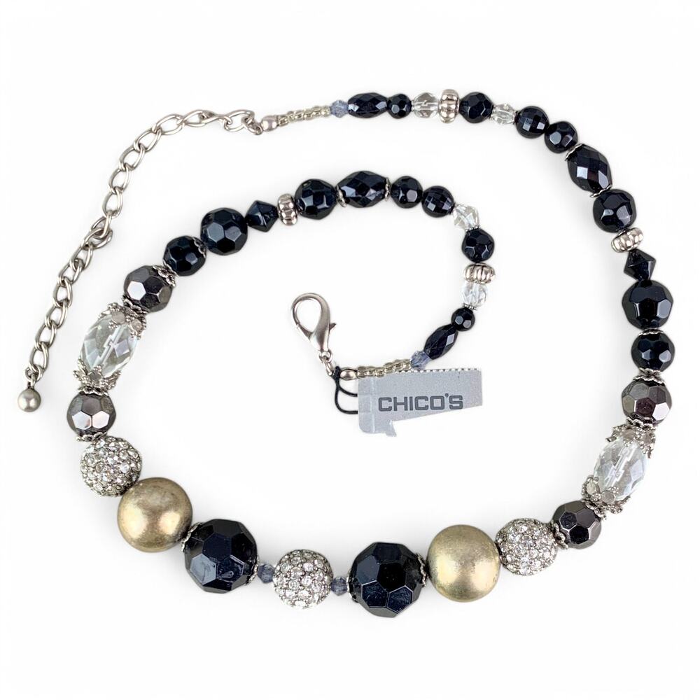 Chico's Beaded Necklace Black Faceted and Rhinestone Beads 20 Inch